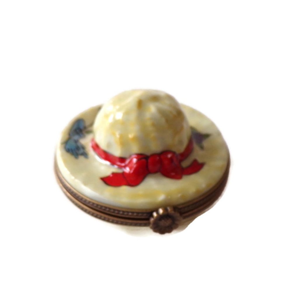 Limoges Peint Main Summer Straw Hat Bonnet Trinket Box Red Bow   3085